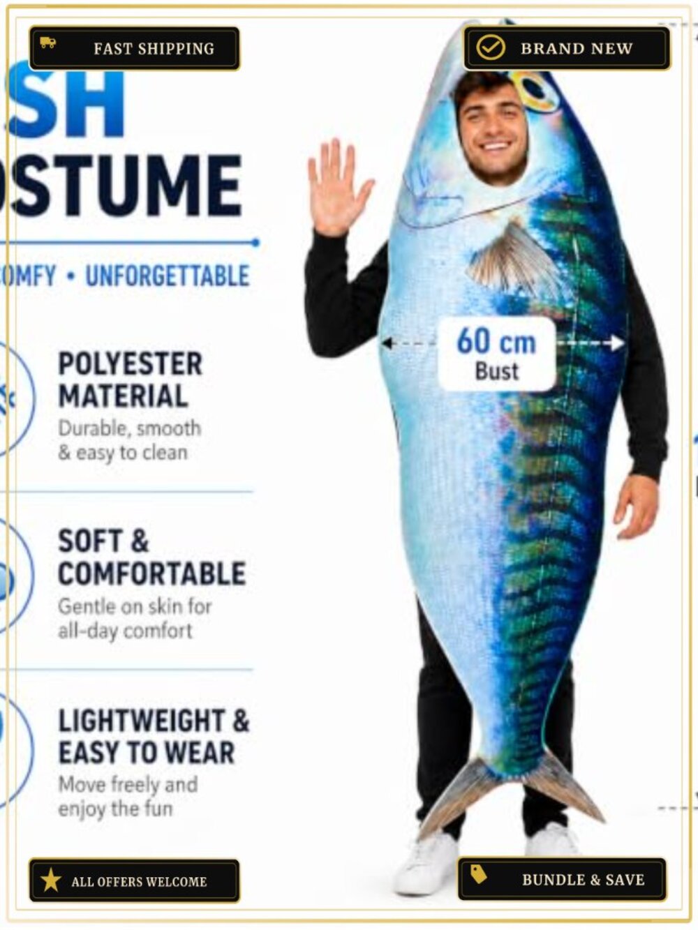 Adult Fish Costume Halloween Funny Sea Animal Ocean Outfit - Picture 3 of 6